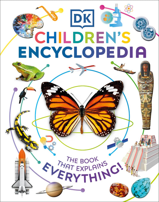 DK Children's Encyclopedia book cover with colorful illustrations and butterfly on a white background