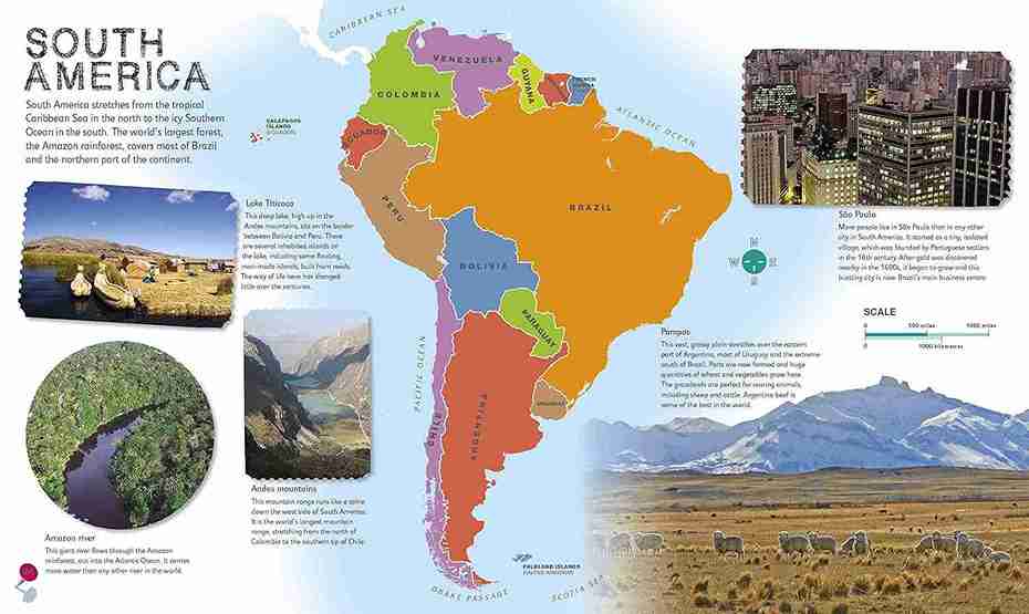 Map of South America with various regions highlighted and images of landscapes.