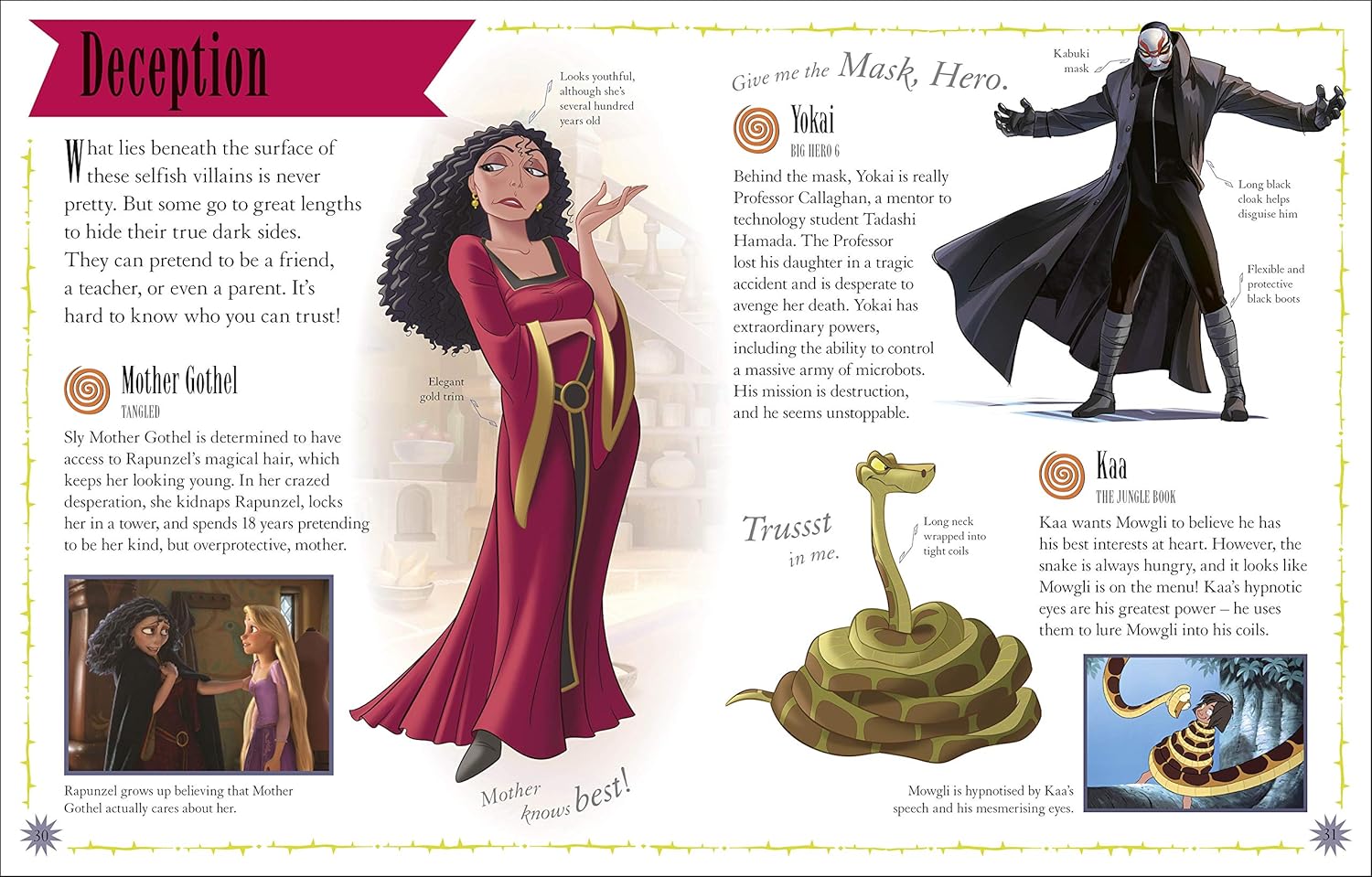 Illustrated page from a book or magazine featuring characters and text about 'Deception' and 'The Masked Villain'.