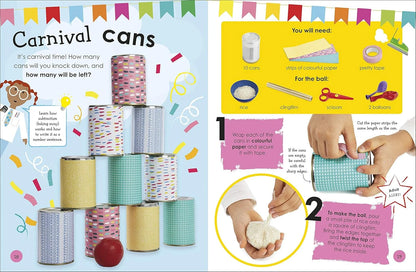 Instructions for a carnival can game with colorful cans and a ball.