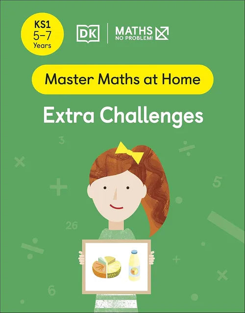 Book cover of 'Master Maths at Home Extra Challenges' for ages 5-7 with DK logo on a green background.