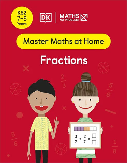 Book cover of 'Master Maths at Home Fractions' with two children and mathematical symbols on a red background.
