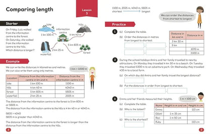 Educational worksheet comparing lengths in kilometers and meters with a table and examples.