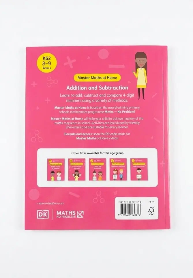 The back cover of the DK Maths No Problem! Addition and Subtraction KS2 8-9 years book, featuring a bright pink background with white text, a yellow KS2 8-9 years badge, and a white barcode box at the bottom.