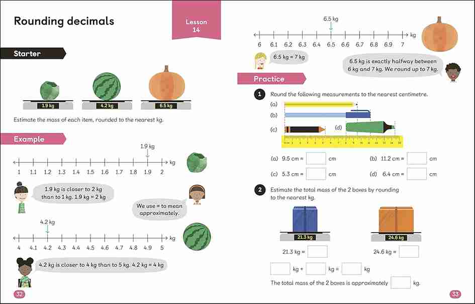 Mathematics worksheet on rounding decimals with illustrations of fruits and vegetables.