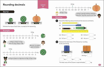 Mathematics worksheet on rounding decimals with illustrations of fruits and vegetables.