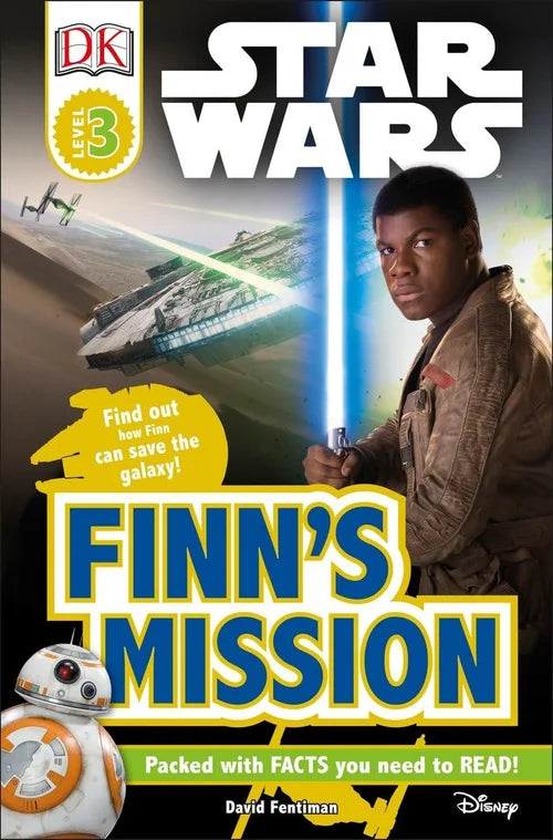 Book cover of 'Star Wars: Finn's Mission' featuring a character with a lightsaber and space-themed graphics.