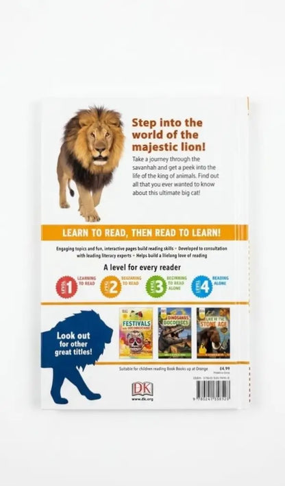 The back cover of a DK Children's Book of Facts book about lions, featuring a large lion illustration, descriptive text, colorful learning icons, and small book cover thumbnails on a white background.