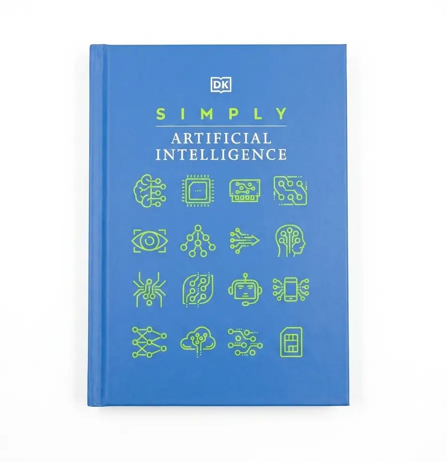 A DK book titled 'Simply Artificial Intelligence' with a blue cover and lime green text and icons, shown on a plain white background.