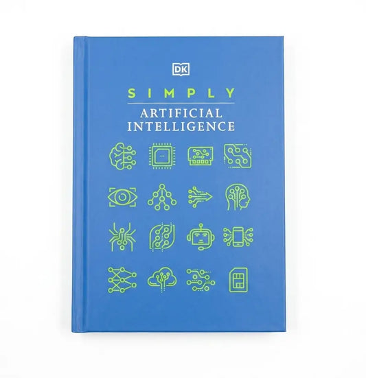 A DK book titled 'Simply Artificial Intelligence' with a blue cover and lime green text and icons, shown on a plain white background.