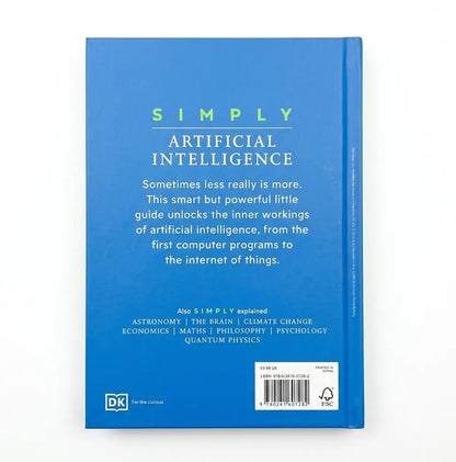The back cover of the book 'Simply Artificial Intelligence' by DK, featuring a bright blue background with white and light green text, a barcode, and the DK logo.