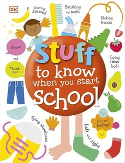 Book cover of 'Stuff to know when you start school' with colorful illustrations and text.