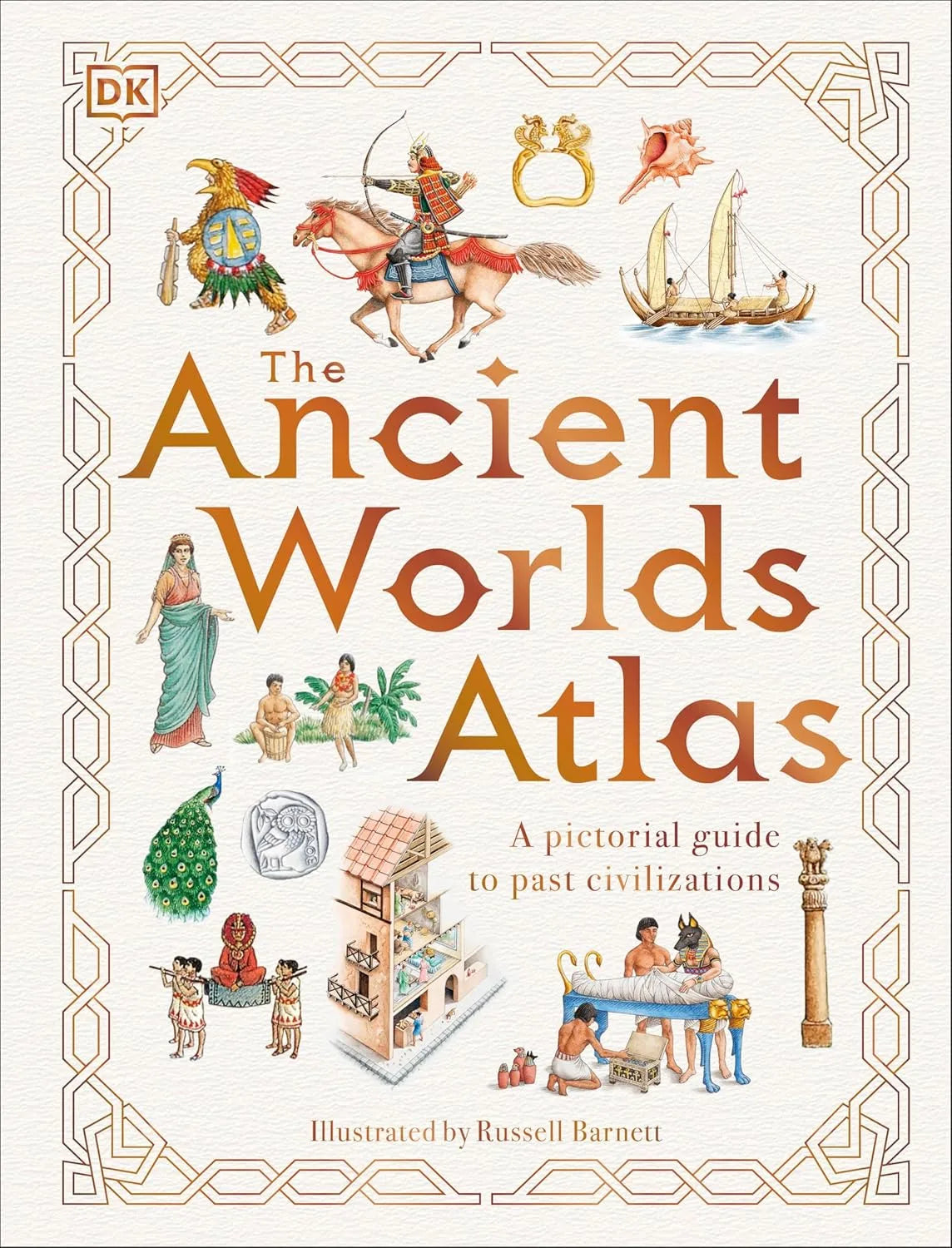 Book cover of 'The Ancient Worlds Atlas' with illustrations of historical figures and scenes.