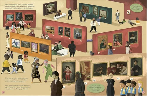 Illustration of people in an art gallery with various paintings on the walls.