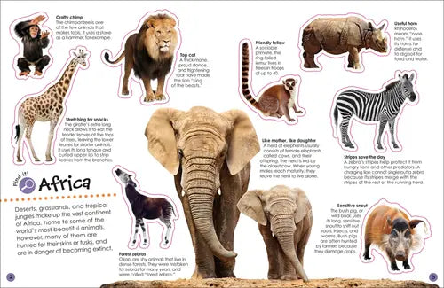 Educational illustration of African animals with labels and descriptions on a white background