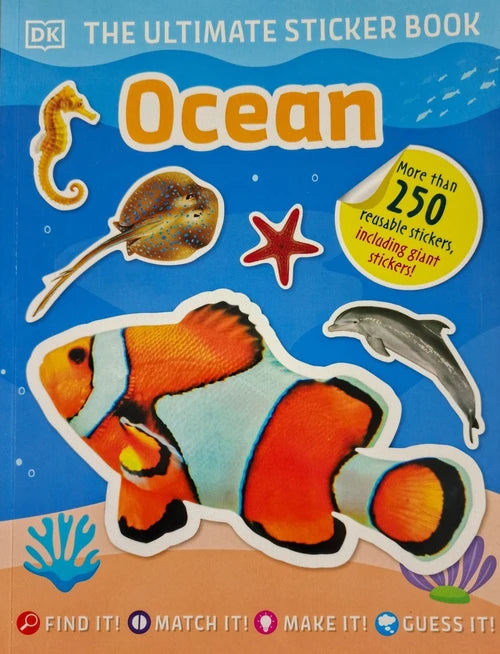 Sticker book cover titled 'Ocean' with stickers of a clownfish, dolphin, and seahorse on a blue background.