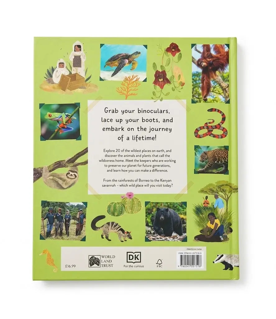 The back cover of a DK Children's Book titled 'Journey of a Lifetime' featuring a bright lime green background with various colorful illustrations of animals and nature scenes.