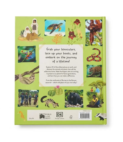 The back cover of a DK Children's Book titled 'Journey of a Lifetime' featuring a bright lime green background with various colorful illustrations of animals and nature scenes.