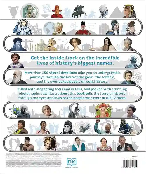 Book cover with historical figures and text about visual timelines and world history.