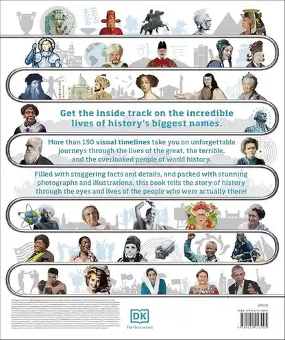 Book cover with historical figures and text about visual timelines and world history.