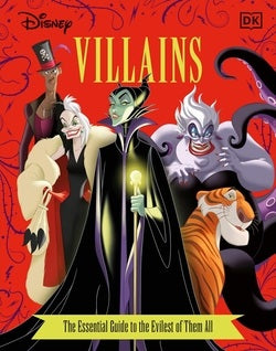 Book cover of 'Disney Villains' with illustrated characters on a red background