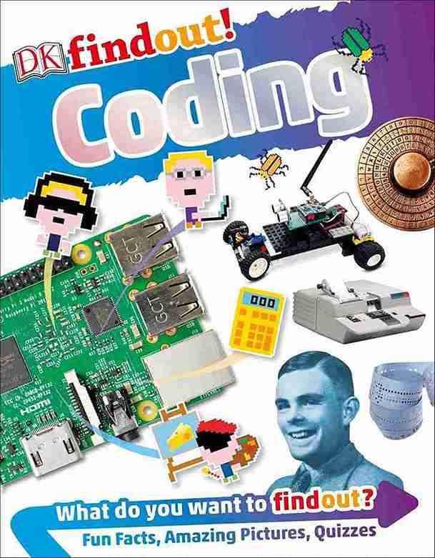 Book cover of 'DK findout! Coding' with various coding-related images and text.