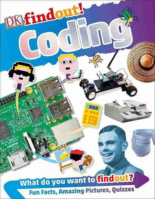Book cover of 'DK findout! Coding' with various coding-related images and text.