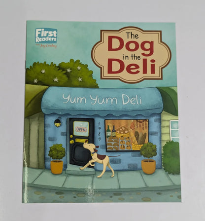 Book cover of 'The Dog in the Deli' with a cartoon dog walking towards a deli.