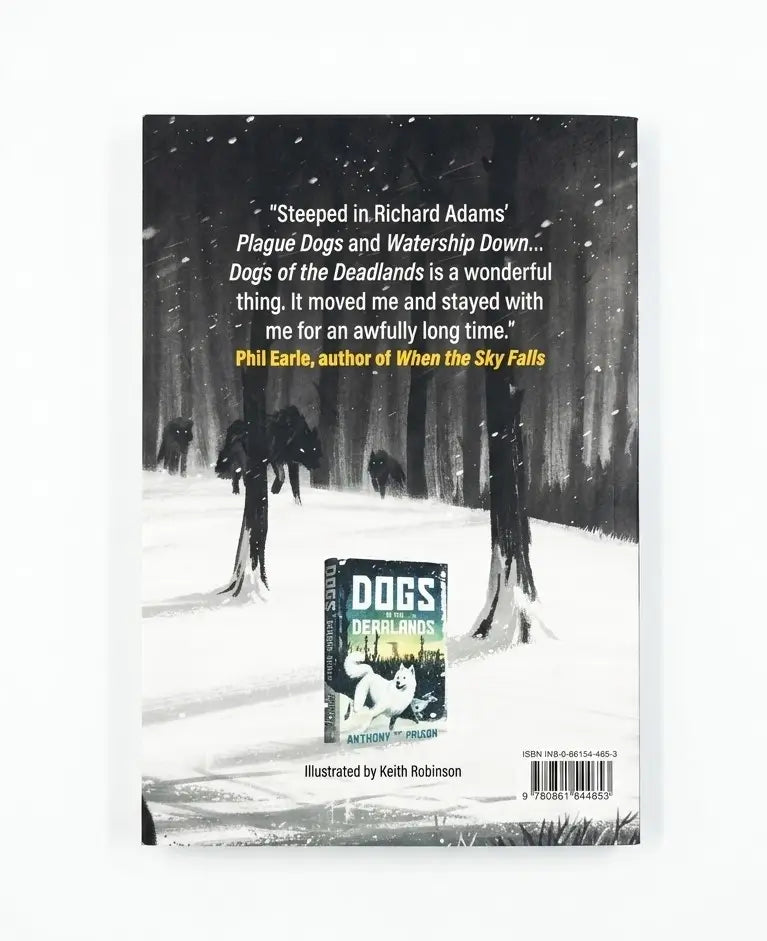 The back cover of the book 'Dogs of the Deadlands' by Mark Lawrence, featuring a snowy forest scene with dog silhouettes and a small inset of the book cover.