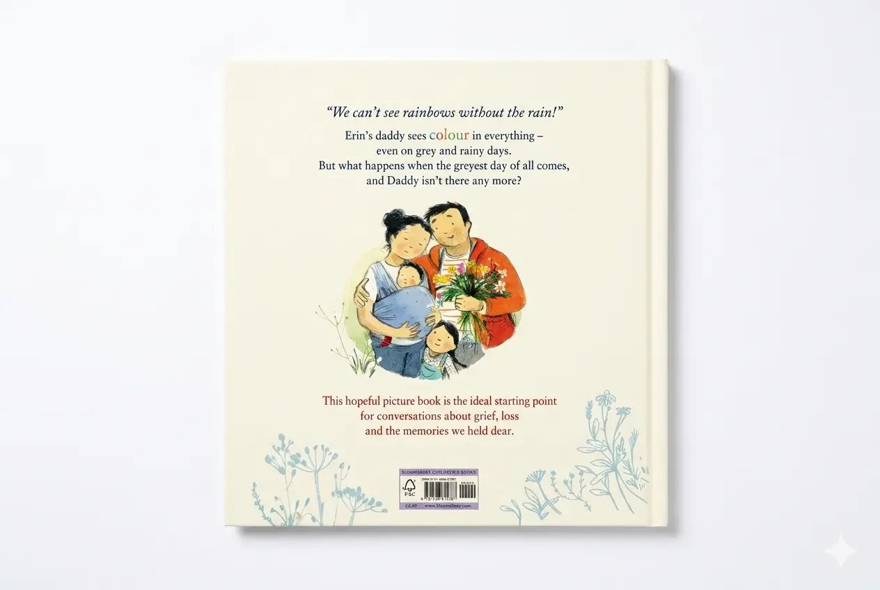 Book cover with illustration of a family and text on a light background