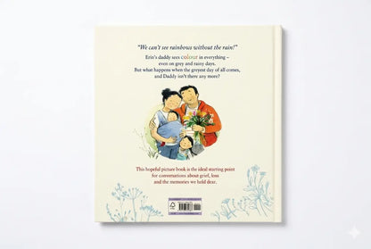 Book cover with illustration of a family and text on a light background