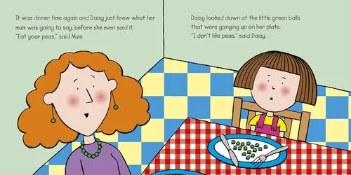 Comic strip of a woman and a child at a table with a checkered tablecloth, discussing food preferences.