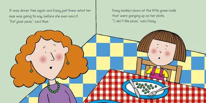 Comic strip of a woman and a child at a table with a checkered tablecloth, discussing food preferences.