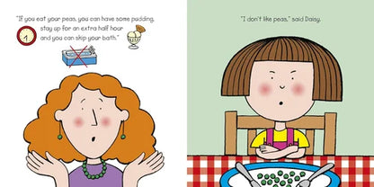 Illustration from a children's book with two characters at a table, one offering ice cream and the other refusing peas.