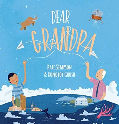 Book cover of 'Dear Grandpa' with illustrations of a boy and an older man against a blue sky.