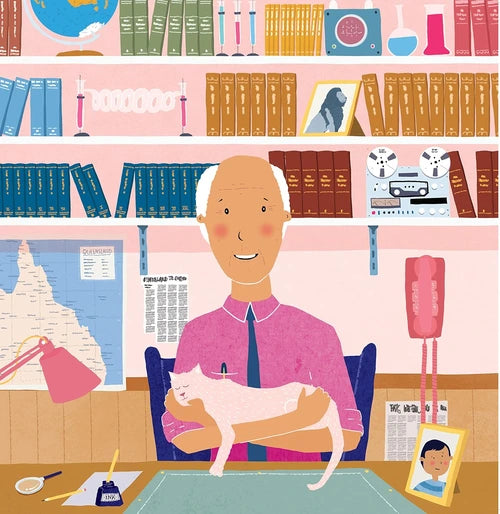 Illustration of a man with a cat sitting at a desk in front of a bookshelf.