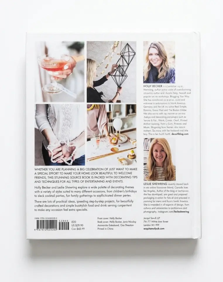 The back cover of a book, photographed flat against a white background. The cover features a white base with multiple color photographs of people and food, along with text sections, a barcode, and author portraits.