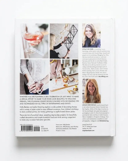 The back cover of a book, photographed flat against a white background. The cover features a white base with multiple color photographs of people and food, along with text sections, a barcode, and author portraits.