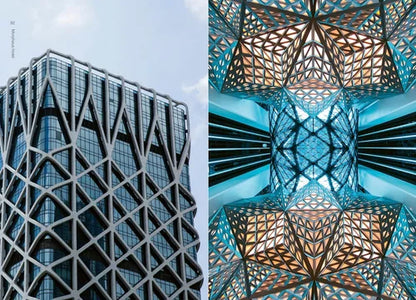 Two images: one of a modern building facade with geometric patterns, the other of a geometric ceiling design.