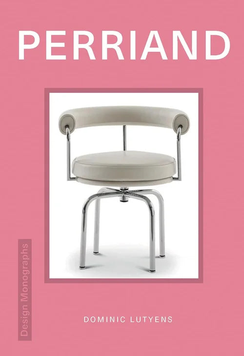 Book cover of 'Perriand' featuring a modern chair design on a pink background.