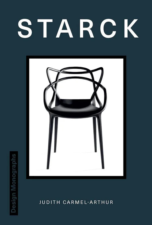 Book cover of 'Starck' with a black and white chair illustration on a dark blue background