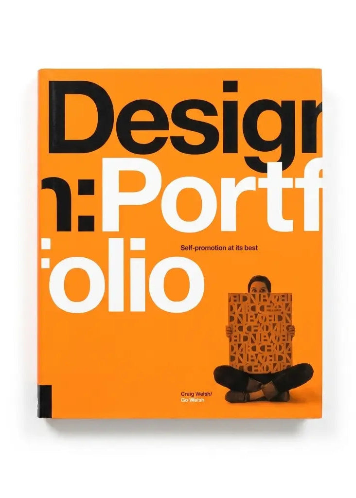 The book cover of 'Design in Portfolio' by Craig Melender, featuring a bold orange background with large black and white typography and a small graphic of a person sitting cross-legged in the lower right.