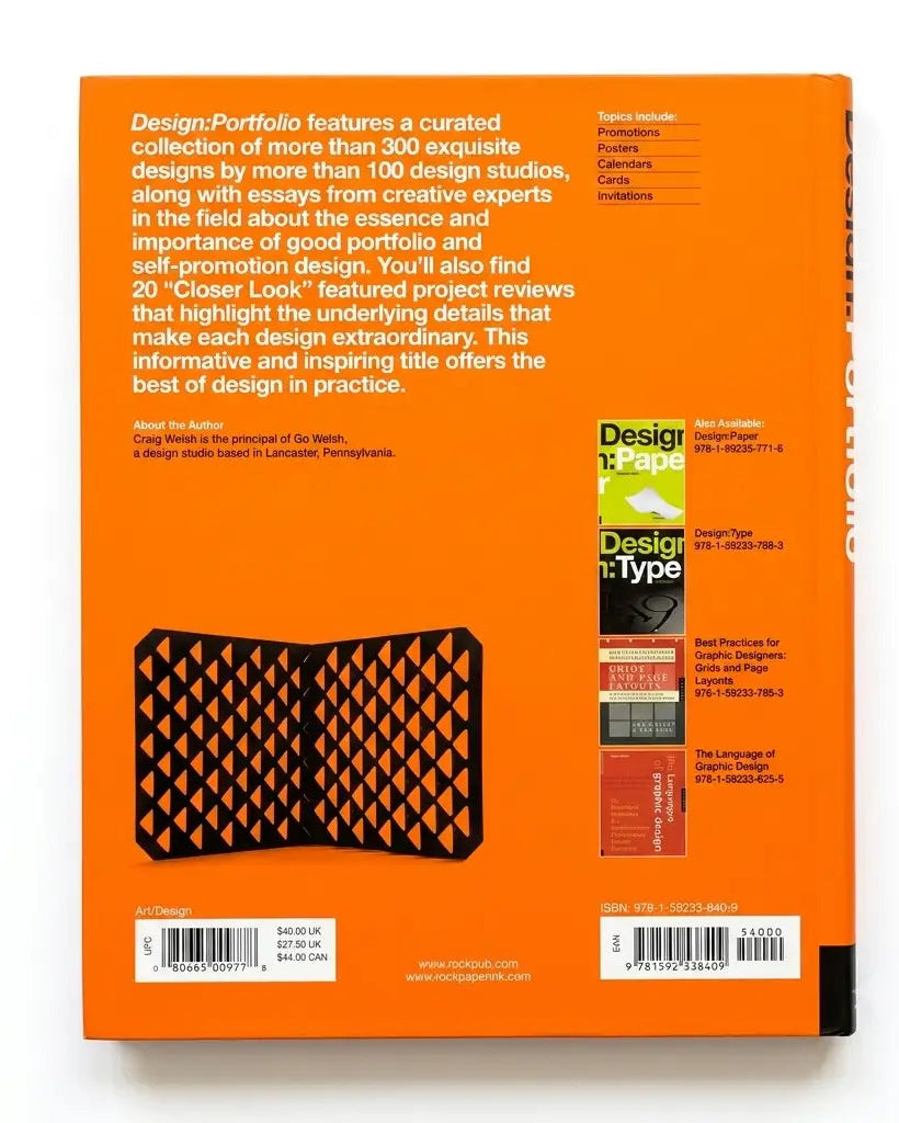 The back cover of the book Design Portfolio: Projects, Collections, Cases, and Interview Questions, featuring a bright orange background with white text, a black-and-orange geometric pattern, and a vertical strip of sample book covers on the right.