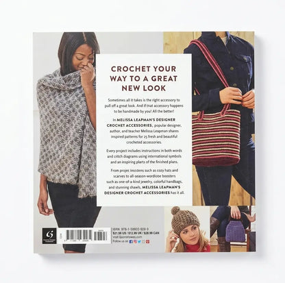 Back cover of a crochet pattern book titled 'Crochet Your Way to a Great New Look' by Melissa Leaphan's Designer Crochet Accessories, featuring text on the back and several inset photos of people crocheting.