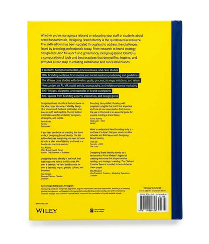 The back cover of a Wiley book, 'Designing Brand Identity', displayed flat against a white background. The cover features a bright yellow background with a dark blue spine on the right side and a blue header bar at the top.