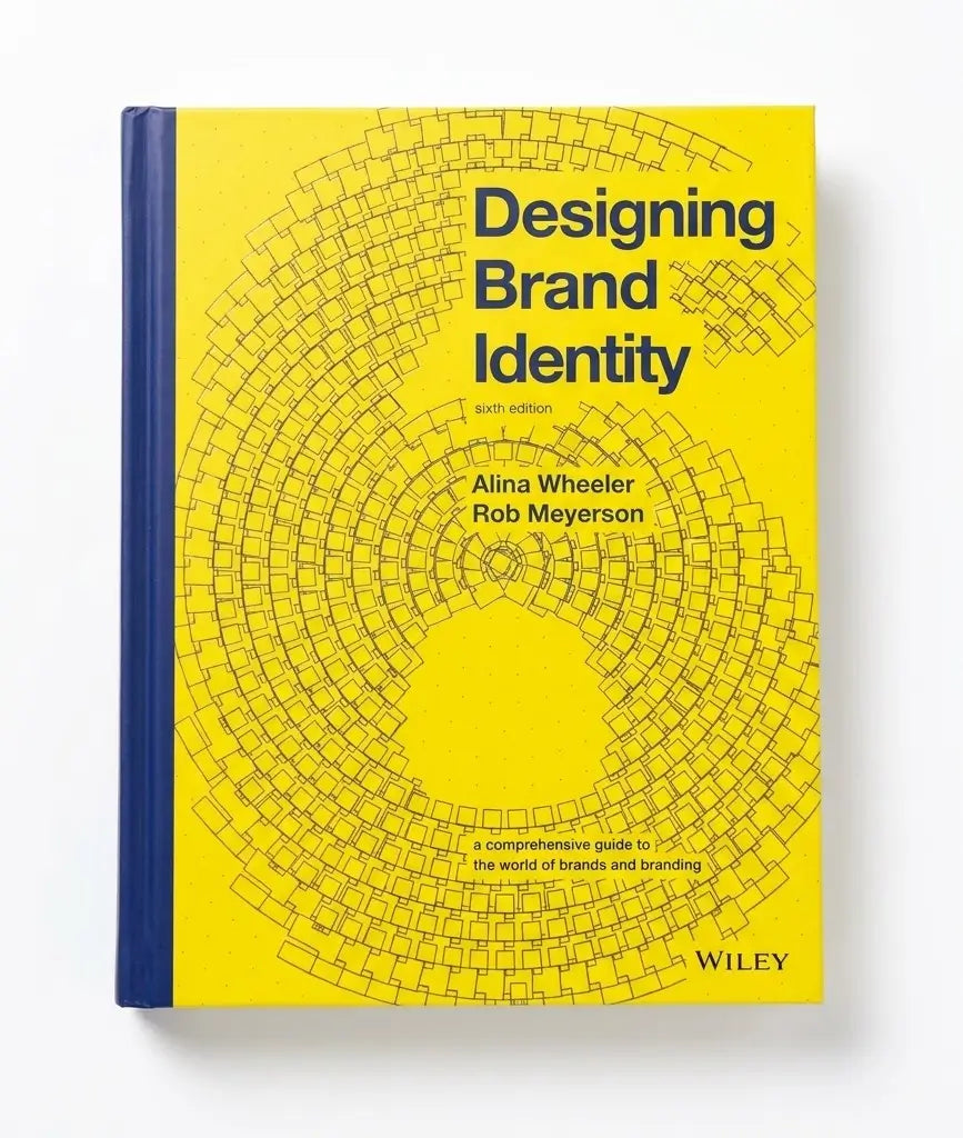 A hardcover book titled "Designing Brand Identity" by Alina Wheeler and Rob Meyerson, published by Wiley. The cover is bright yellow with a black circular grid pattern and dark blue spine, shown on a clean white background.