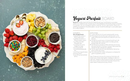 Yogurt parfait board with various fruits and toppings on a white plate against a gray background.