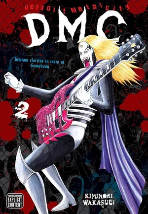 Comic book cover with a character playing guitar, red and black background