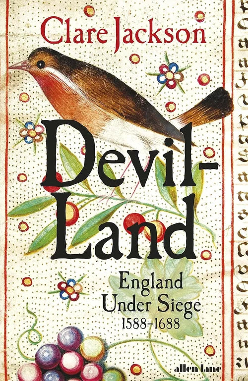Book cover of 'Devil Land' by Clare Jackson with a bird illustration and decorative elements.