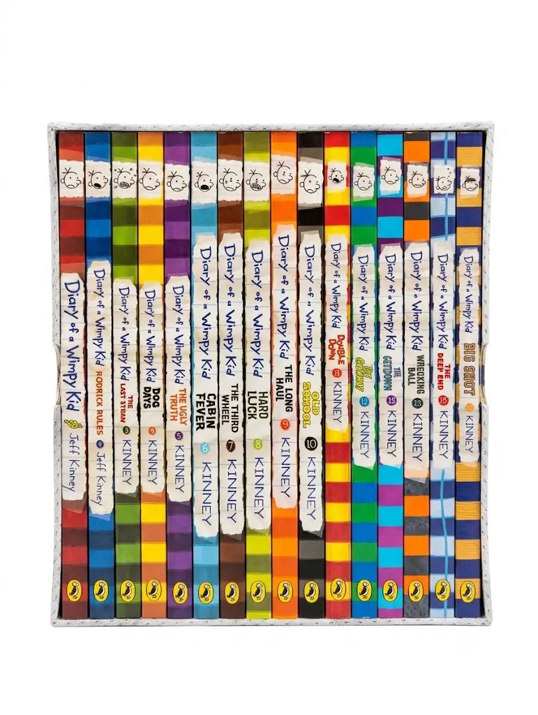 A boxed set of children's books arranged upright in a clear plastic case, showing many colorful book spines with titles including 'Daisy + Wiffy Kid' and 'Kinnie'.
